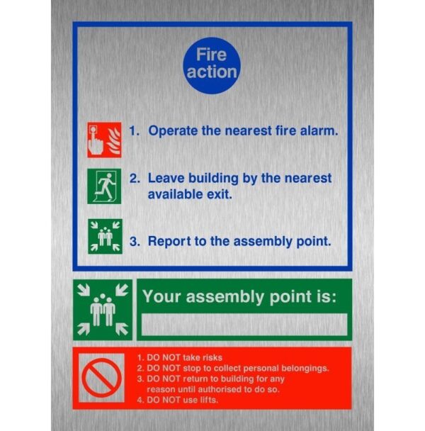 3 Point Fire Action Brushed Aluminium Notice Sign | HallMark Compliance LTD